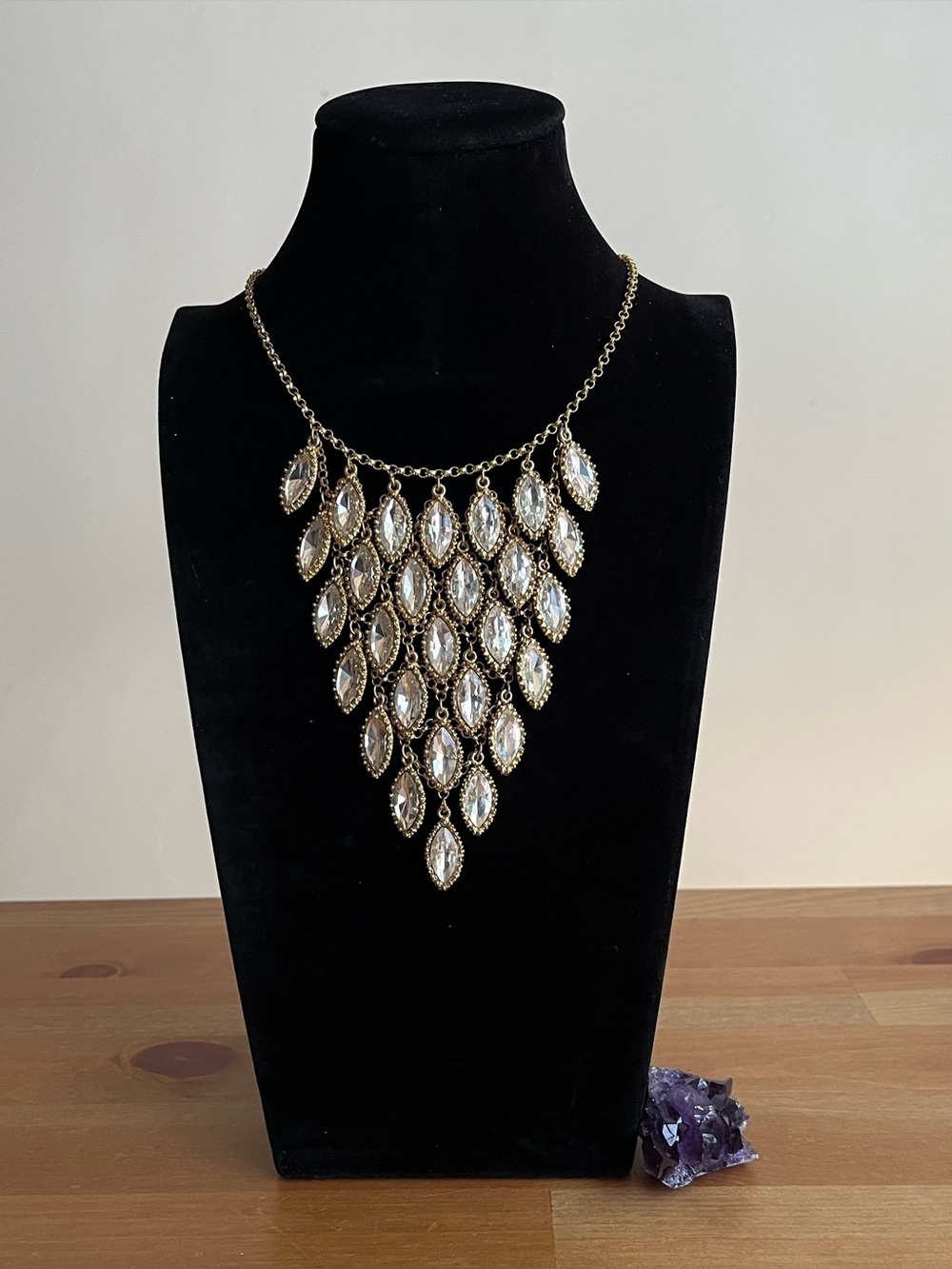 Vintage statement bib necklace is a 1960s chandelier waterfall design jewelry